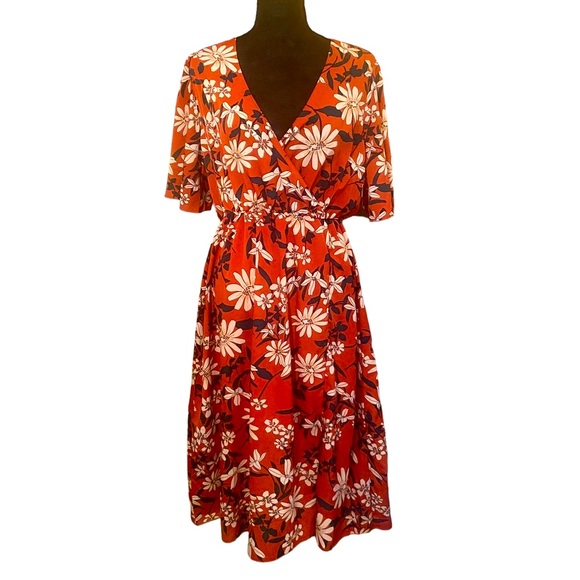 Joanie Dresses & Skirts - Joanie Wrap Floral Cream & Green on Cinnamon Midi Dress Vintage